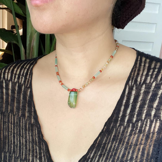 Handmade Boho Necklace with Green Agate Pendant & Aventurine Beads | Natural Colorful Gemstone Choker | Summer Jewelry Gift
