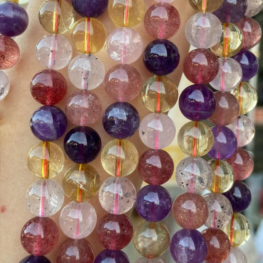 Natural Super Seven Multicolor Crystal Round Beads 10 mm · 38 cm Strand | Amethyst Citrine Rose Quartz Mix · DIY Bracelet & Necklace Jewelry Making Supplies