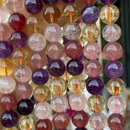 Natural Super Seven Multicolor Crystal Round Beads 10 mm · 38 cm Strand | Amethyst Citrine Rose Quartz Mix · DIY Bracelet & Necklace Jewelry Making Supplies