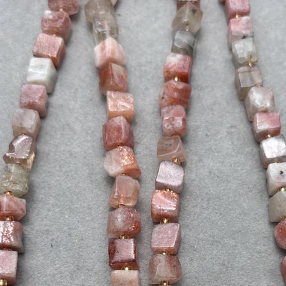 Natural Sunstone Cube Bead Strands for DIY Jewelry, Square Nugget Gemstones, Lightly Polished, Warm Toned, Approx. 38cm