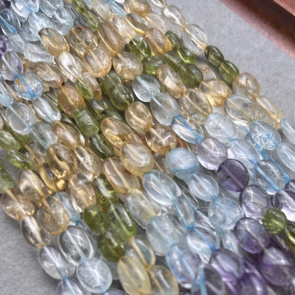 Bunte Edelsteinperlen Oval Nuggets – Amethyst, Citrin, Blauquarz & Grünquarz für DIY-Schmuck, Halbedelsteine, 1 Strang ca. 38cm