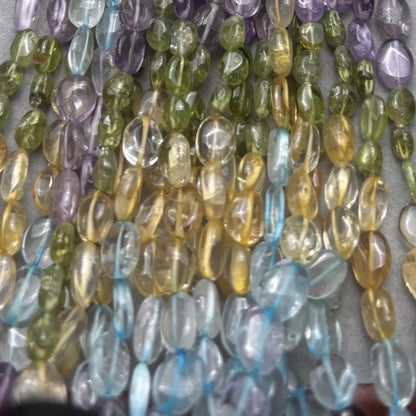 Bunte Edelsteinperlen Oval Nuggets – Amethyst, Citrin, Blauquarz & Grünquarz für DIY-Schmuck, Halbedelsteine, 1 Strang ca. 38cm