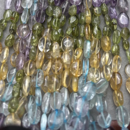 Bunte Edelsteinperlen Oval Nuggets – Amethyst, Citrin, Blauquarz & Grünquarz für DIY-Schmuck, Halbedelsteine, 1 Strang ca. 38cm
