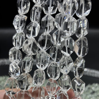 Natural Clear Quartz Beads for Jewelry Making | Faceted Polygon Nuggets from Brazil | Chunky Transparent Gemstone Strand 38cm