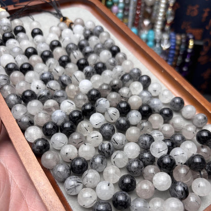 Natürliche schwarze Rutilquarz Perlen für DIY Schmuckherstellung – Edelstein Rundperlen mit Einschlüssen, Glatte 10mm Perlenstrang 38cm
