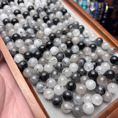Natürliche schwarze Rutilquarz Perlen für DIY Schmuckherstellung – Edelstein Rundperlen mit Einschlüssen, Glatte 10mm Perlenstrang 38cm