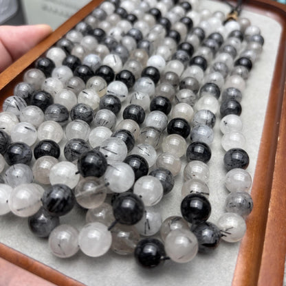 Natürliche schwarze Rutilquarz Perlen für DIY Schmuckherstellung – Edelstein Rundperlen mit Einschlüssen, Glatte 10mm Perlenstrang 38cm