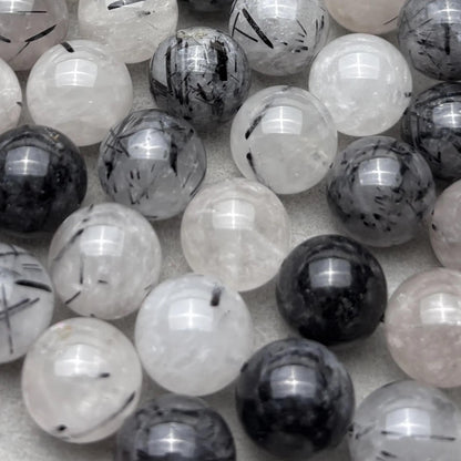 Natürliche schwarze Rutilquarz Perlen für DIY Schmuckherstellung – Edelstein Rundperlen mit Einschlüssen, Glatte 10mm Perlenstrang 38cm