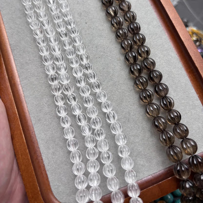 Natürliche Bergkristall und Rauchquarz Melonenperlen – Handgeschnitzte Laternen Edelsteinperlen für DIY Schmuck Strang ca. 38cm