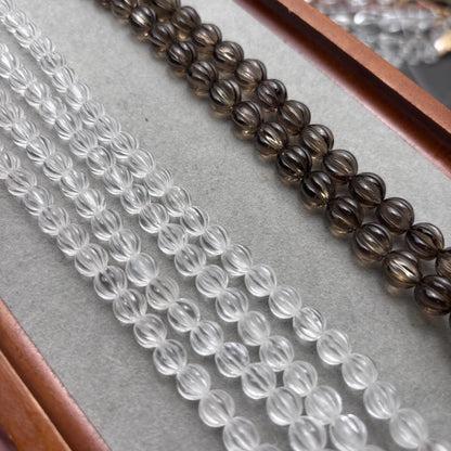 Natürliche Bergkristall und Rauchquarz Melonenperlen – Handgeschnitzte Laternen Edelsteinperlen für DIY Schmuck Strang ca. 38cm