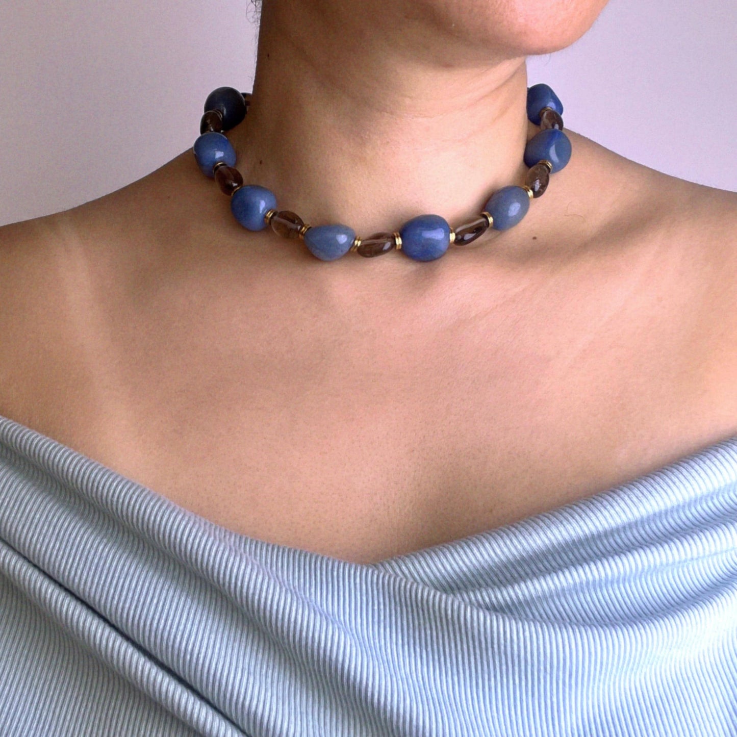 Chunky Blue Beaded Necklace | Handmade Boho Choker 45 cm | Summer Statement Jewelry, Ocean-Inspired Gift for Her, Festival Style