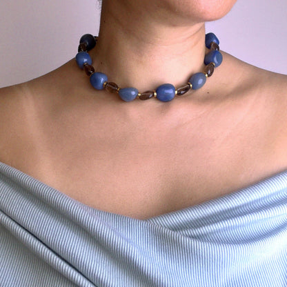 Chunky Blue Beaded Necklace | Handmade Boho Choker 45 cm | Summer Statement Jewelry, Ocean-Inspired Gift for Her, Festival Style
