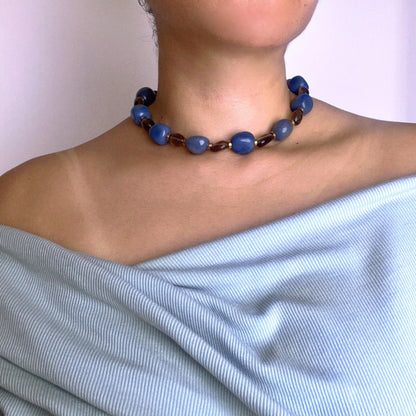 Chunky Blue Beaded Necklace | Handmade Boho Choker 45 cm | Summer Statement Jewelry, Ocean-Inspired Gift for Her, Festival Style