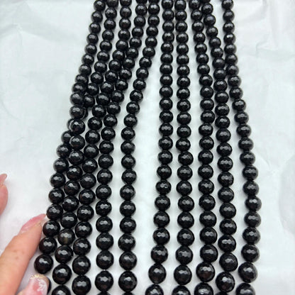 Facettierte schwarze Achatperlen – Natürliche runde Edelsteinperlen für DIY-Schmuck, glänzend, 1 Strang ca. 38cm, klassisch & elegant