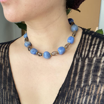 Chunky Blue Beaded Necklace | Handmade Boho Choker 45 cm | Summer Statement Jewelry, Ocean-Inspired Gift for Her, Festival Style