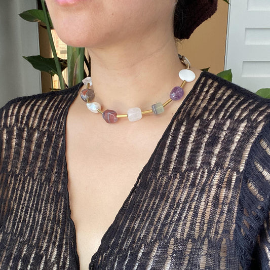 Boho Gemstone Choker Necklace | Baroque Pearl & Red Agate | 13 Natural Stone Statement with Gold Tube Spacers – Unique Gift for Her
