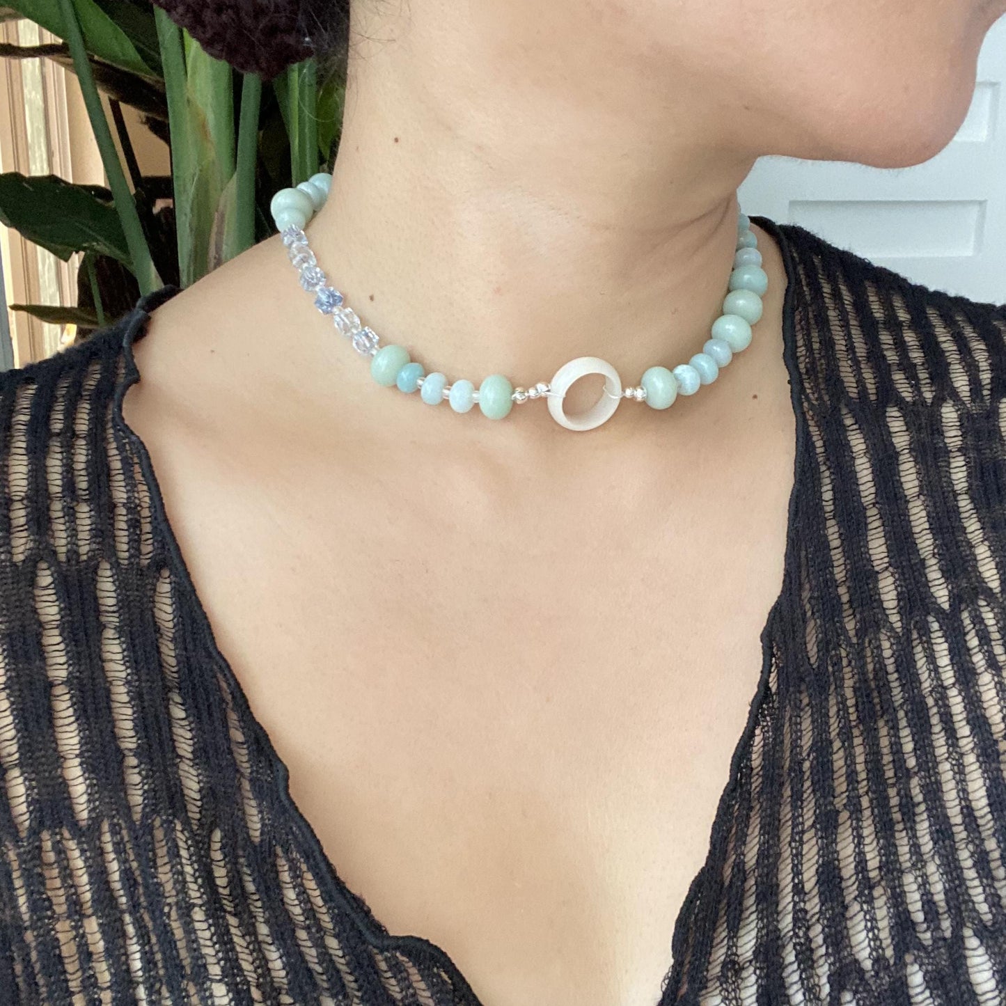 Mint Green Choker Necklace | Bodhi Wood Beads & Ice Blue Crystal Cubes with White Ring Pendant | Boho Statement Jewelry Gift for Her