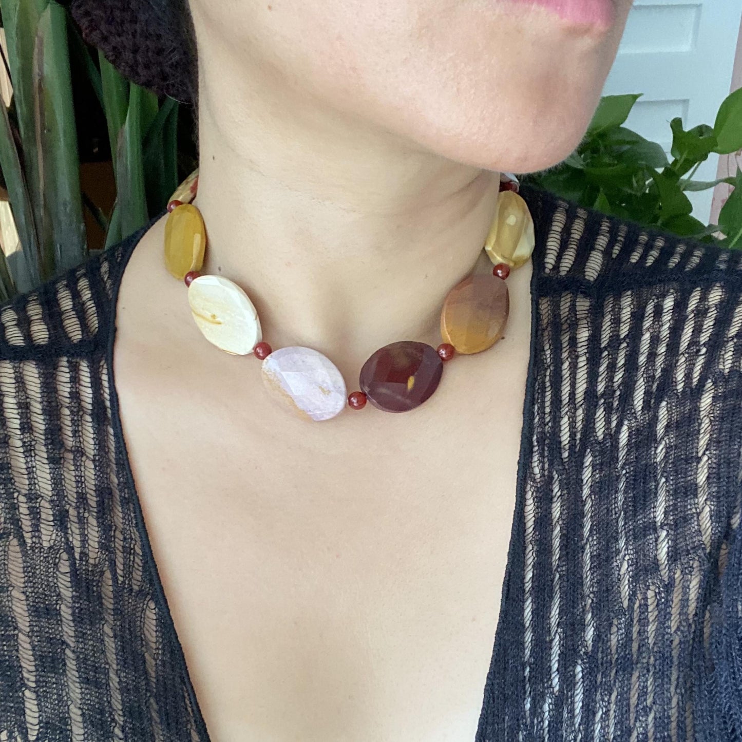 Bold Gemstone Necklace with Chunky Navette-Cut Red Agate & Hematite Beads | Handmade Boho Ethnic Statement Jewelry Gift