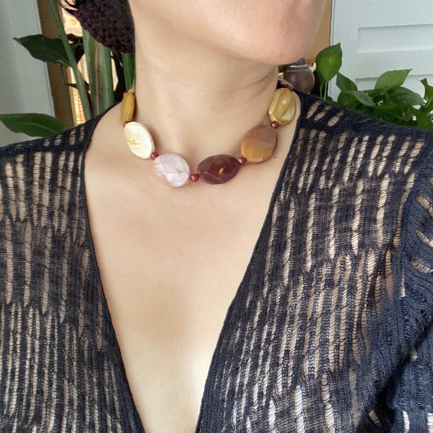 Bold Gemstone Necklace with Chunky Navette-Cut Red Agate & Hematite Beads | Handmade Boho Ethnic Statement Jewelry Gift