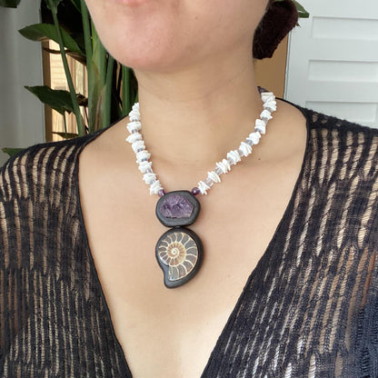 Handmade Ebony Inlay Necklace with Amethyst Cluster & Fossil Ammonite | Unique Boho Ethnic Jewelry Gift | Natural Gemstone Statement Pendant