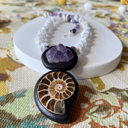 Handmade Ebony Inlay Necklace with Amethyst Cluster & Fossil Ammonite | Unique Boho Ethnic Jewelry Gift | Natural Gemstone Statement Pendant