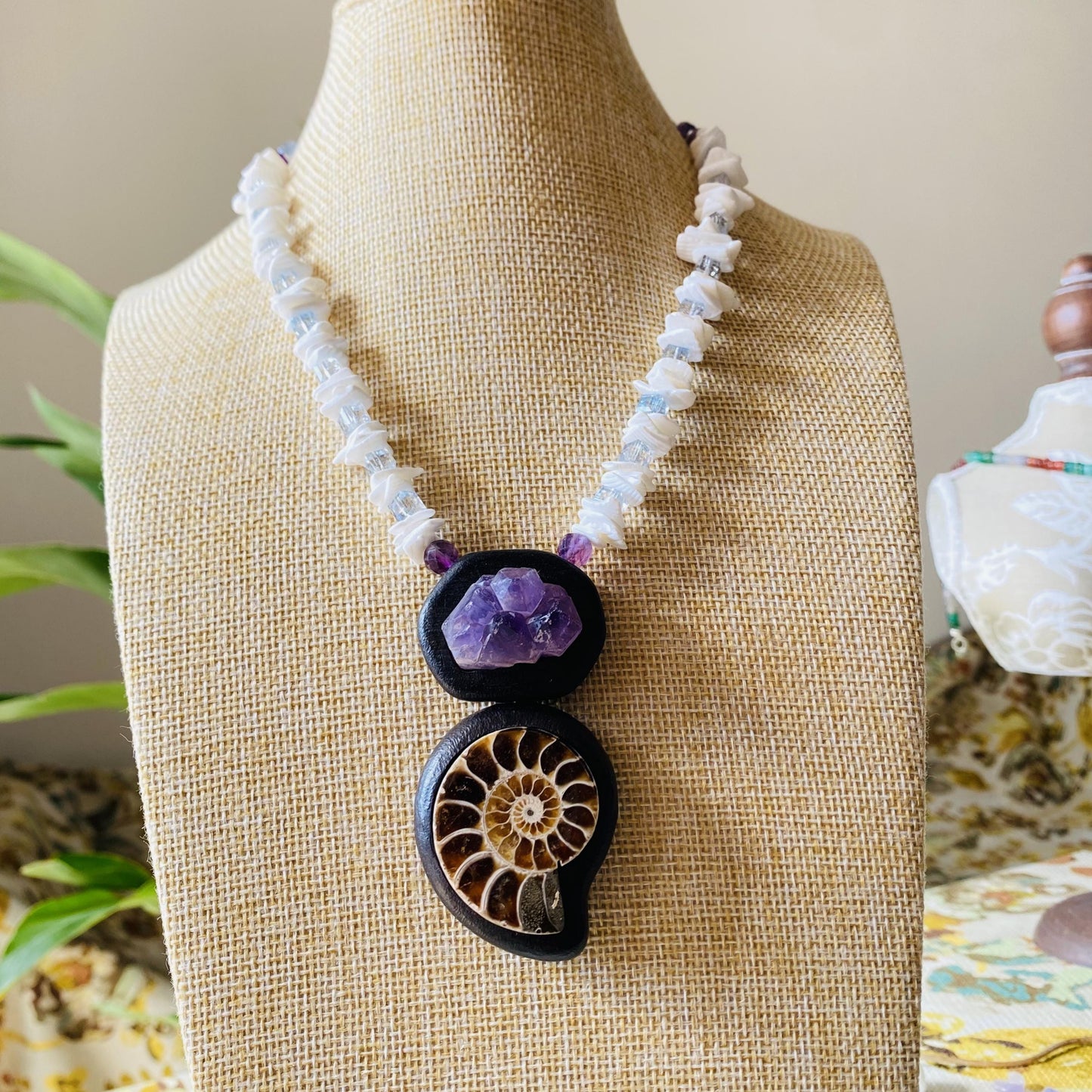 Handmade Ebony Inlay Necklace with Amethyst Cluster & Fossil Ammonite | Unique Boho Ethnic Jewelry Gift | Natural Gemstone Statement Pendant