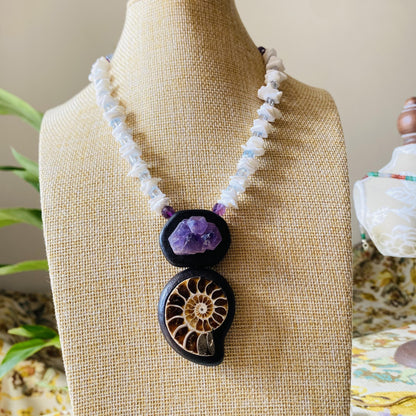 Handmade Ebony Inlay Necklace with Amethyst Cluster & Fossil Ammonite | Unique Boho Ethnic Jewelry Gift | Natural Gemstone Statement Pendant