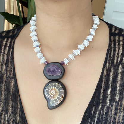 Handmade Ebony Inlay Necklace with Amethyst Cluster & Fossil Ammonite | Unique Boho Ethnic Jewelry Gift | Natural Gemstone Statement Pendant