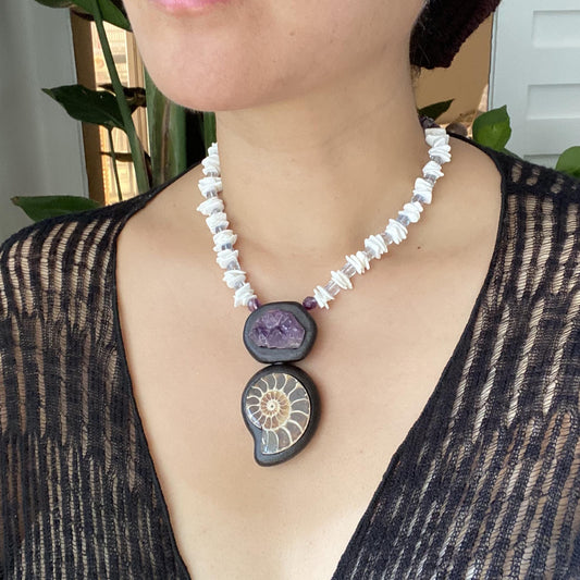 Handmade Ebony Inlay Necklace with Amethyst Cluster & Fossil Ammonite | Unique Boho Ethnic Jewelry Gift | Natural Gemstone Statement Pendant