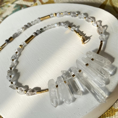 Statement Halskette mit Bergkristall-Spitzen · Crystal Choker aus klarem Quarz & schwarzem Rutilquarz · handgefertigt · Geschenk für Frauen