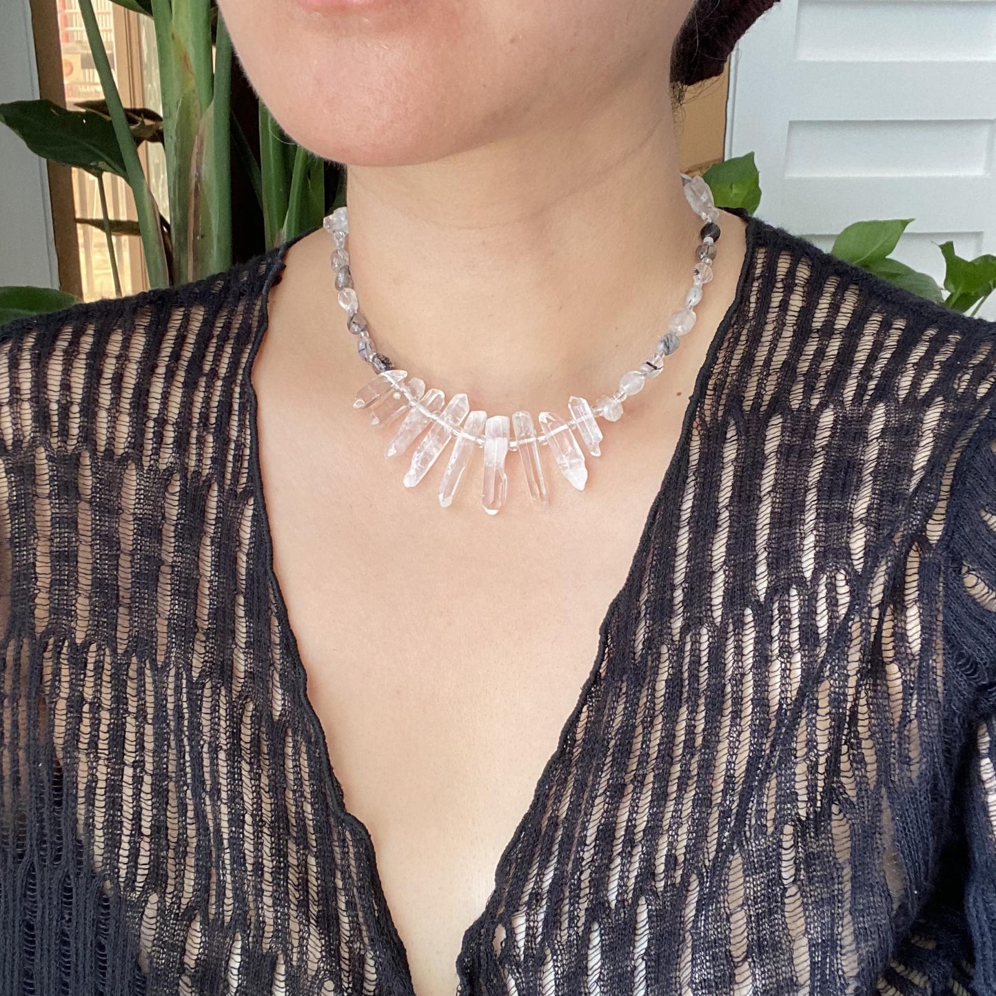 Statement Halskette mit Bergkristall-Spitzen · Boho Crystal Choker aus Quarz & Rutilquarz · 925 Silber Haken · Geschenk für Frauen