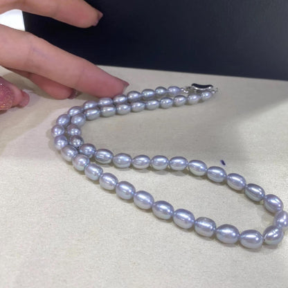 Handgefertigte graue Süßwasserperlenkette mit Boxverschluss, ovale Perlen, gefärbt, elegante Perlen für Schmuckdesign, 40 cm Länge