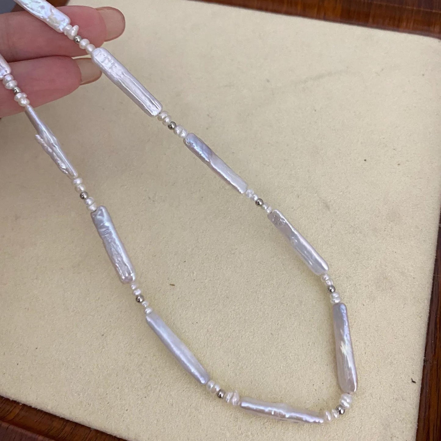 Natürliche Süßwasserperlen Halskette, weiße Biwa Stick Pearls mit Silberperlen, handgemachter Schmuck DIY Supplies Statement Perlen