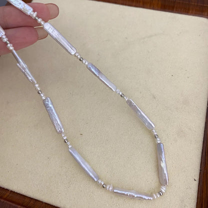 Natürliche Süßwasserperlen Halskette, weiße Biwa Stick Pearls mit Silberperlen, handgemachter Schmuck DIY Supplies Statement Perlen