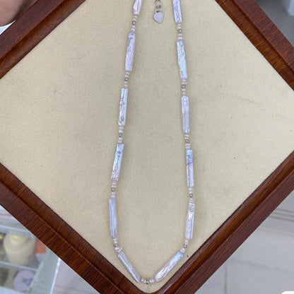 Natürliche Süßwasserperlen Halskette, weiße Biwa Stick Pearls mit Silberperlen, handgemachter Schmuck DIY Supplies Statement Perlen
