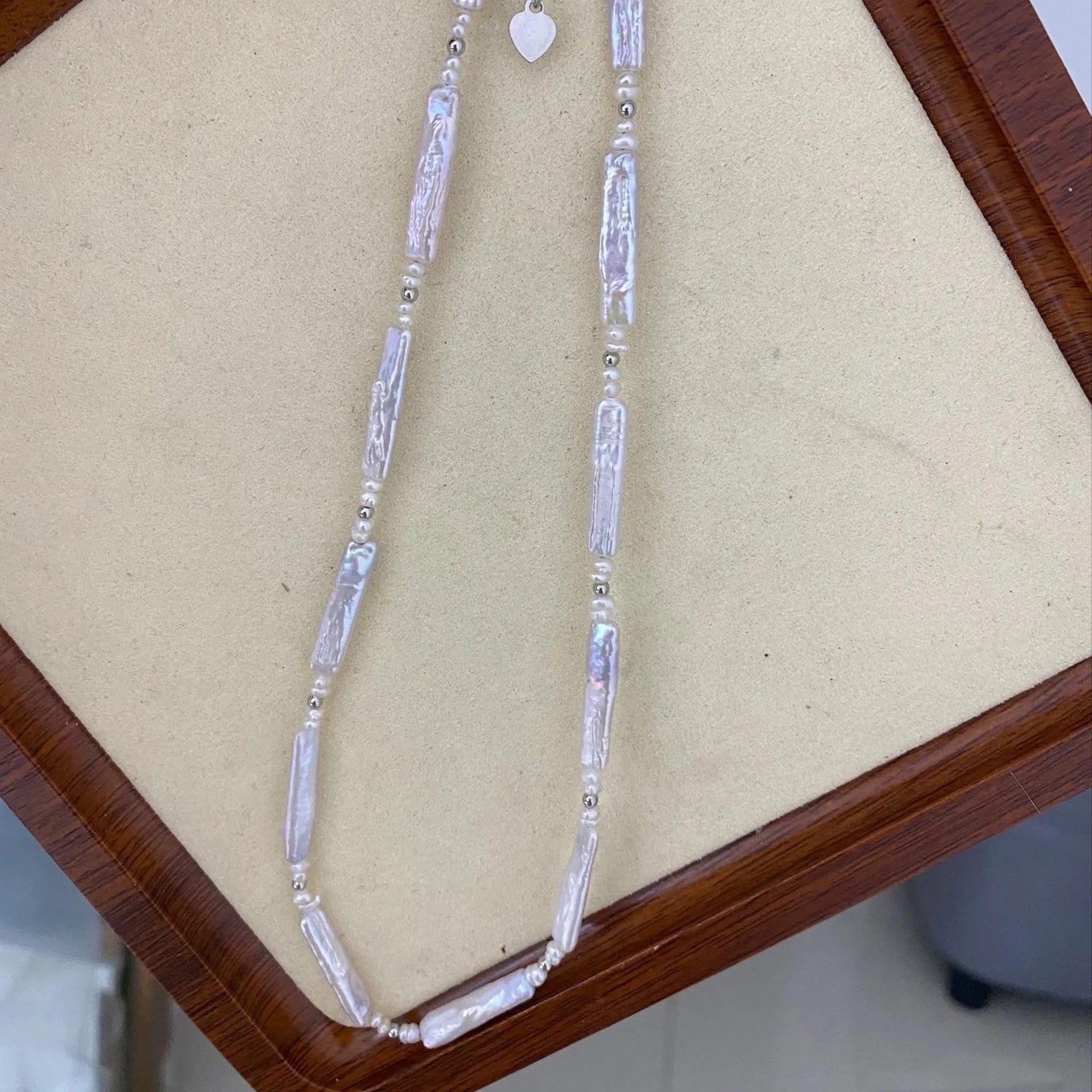 Natürliche Süßwasserperlen Halskette, weiße Biwa Stick Pearls mit Silberperlen, handgemachter Schmuck DIY Supplies Statement Perlen