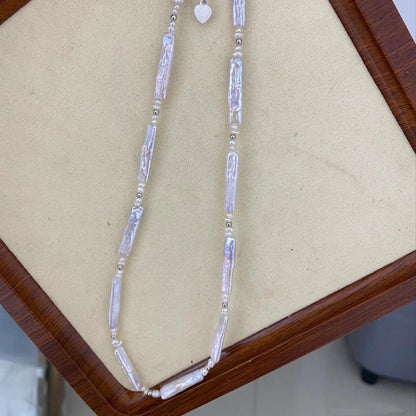Natürliche Süßwasserperlen Halskette, weiße Biwa Stick Pearls mit Silberperlen, handgemachter Schmuck DIY Supplies Statement Perlen