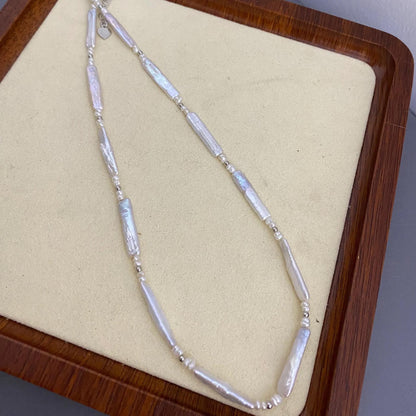 Natürliche Süßwasserperlen Halskette, weiße Biwa Stick Pearls mit Silberperlen, handgemachter Schmuck DIY Supplies Statement Perlen