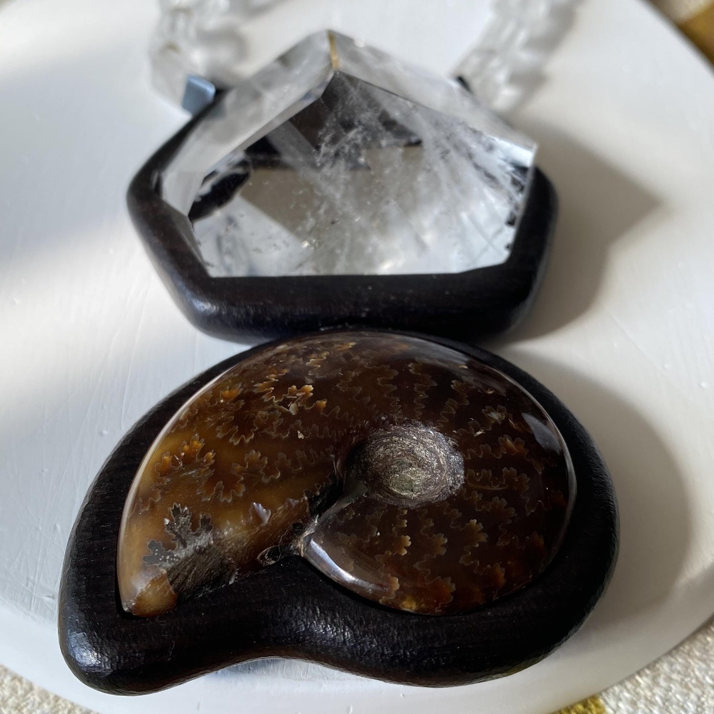 Einzigartige Statement Kette mit Ammonit Fossil und Bergkristall Anhänger aus Ebenholz, Boho Schmuck handgefertigt Naturstein Geschenk