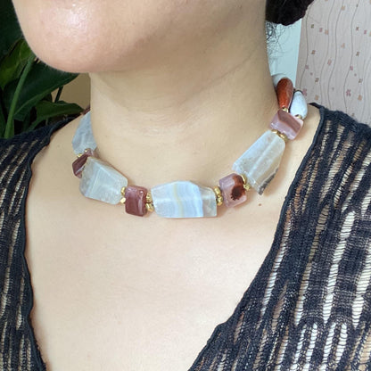 Statement Edelstein Choker mit natürlichen Achat Rohsteinen im Vintage Boho Stil, handgemachte Halsschmuck Geschenkidee für sie