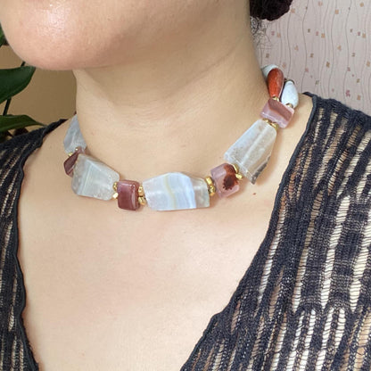 Statement Edelstein Choker mit natürlichen Achat Rohsteinen im Vintage Boho Stil, handgemachte Halsschmuck Geschenkidee für sie