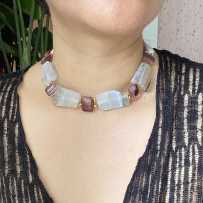 Statement Edelstein Choker mit natürlichen Achat Rohsteinen im Vintage Boho Stil, handgemachte Halsschmuck Geschenkidee für sie