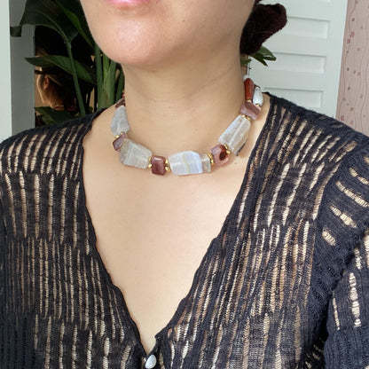Statement Edelstein Choker mit natürlichen Achat Rohsteinen im Vintage Boho Stil, handgemachte Halsschmuck Geschenkidee für sie