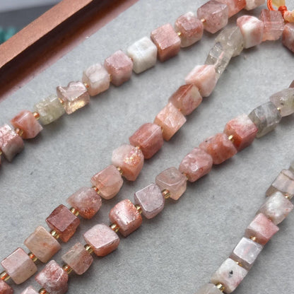 Natural Sunstone Cube Bead Strands for DIY Jewelry, Square Nugget Gemstones, Lightly Polished, Warm Toned, Approx. 38cm