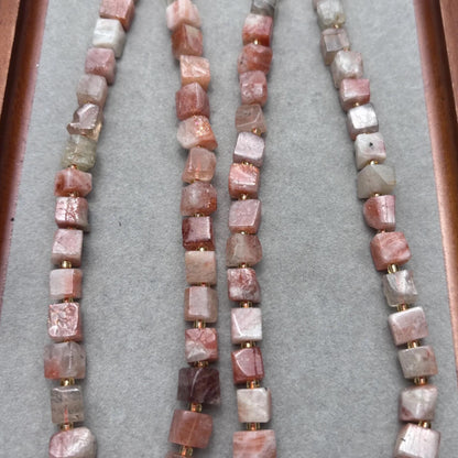 Natural Sunstone Cube Bead Strands for DIY Jewelry, Square Nugget Gemstones, Lightly Polished, Warm Toned, Approx. 38cm