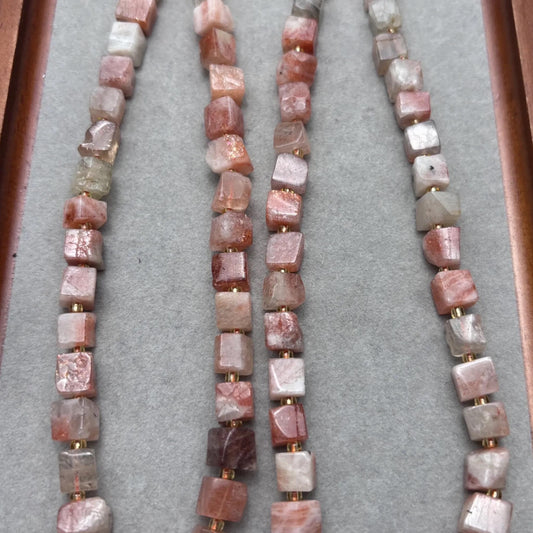 Natural Sunstone Cube Bead Strands for DIY Jewelry, Square Nugget Gemstones, Lightly Polished, Warm Toned, Approx. 38cm