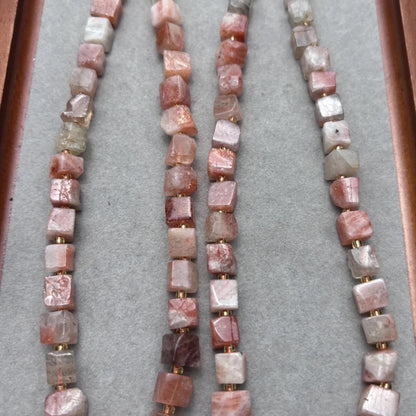 Natural Sunstone Cube Bead Strands for DIY Jewelry, Square Nugget Gemstones, Lightly Polished, Warm Toned, Approx. 38cm