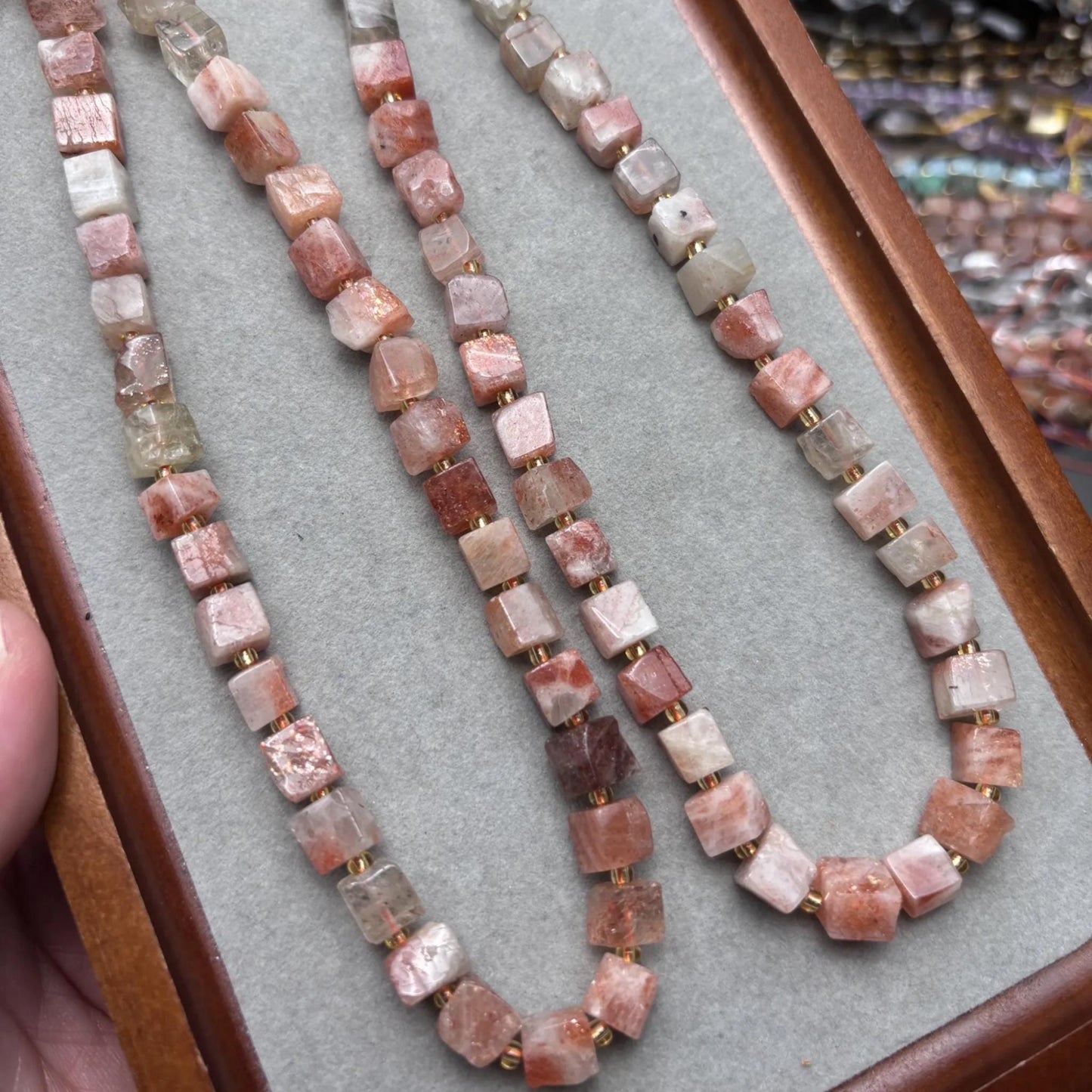 Natural Sunstone Cube Bead Strands for DIY Jewelry, Square Nugget Gemstones, Lightly Polished, Warm Toned, Approx. 38cm