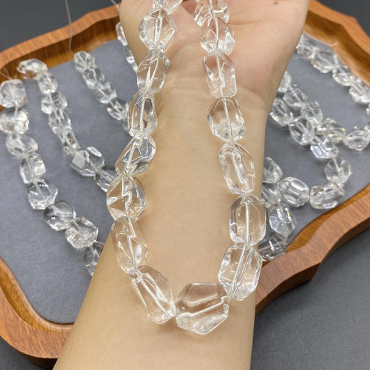 Natural Clear Quartz Beads for Jewelry Making | Faceted Polygon Nuggets from Brazil | Chunky Transparent Gemstone Strand 38cm