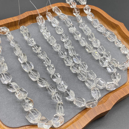 Natural Clear Quartz Beads for Jewelry Making | Faceted Polygon Nuggets from Brazil | Chunky Transparent Gemstone Strand 38cm